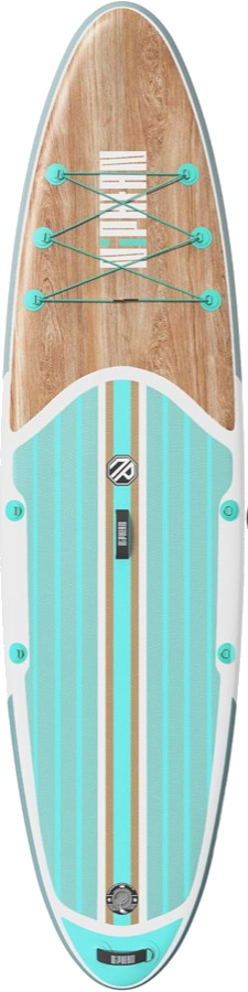 An inflatable stand up paddle board, wood and seafoam